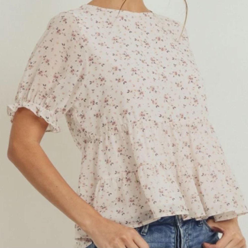 Paper Crane | White & Pink Floral Peplum Top - Picture 3 of 9